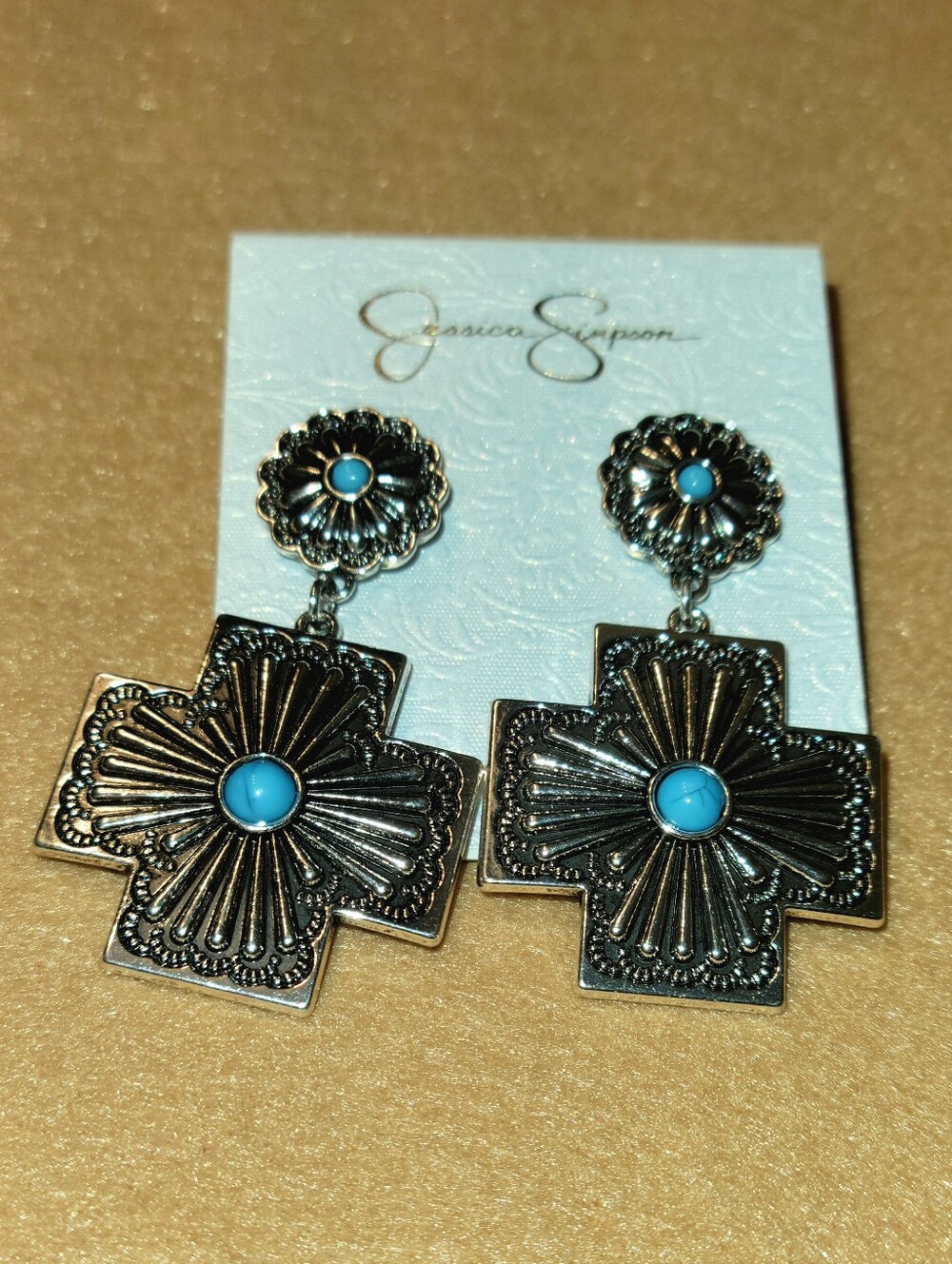 Jessica Simpson Silver-Tone Cross Drop Earrings with Turquoise Centers